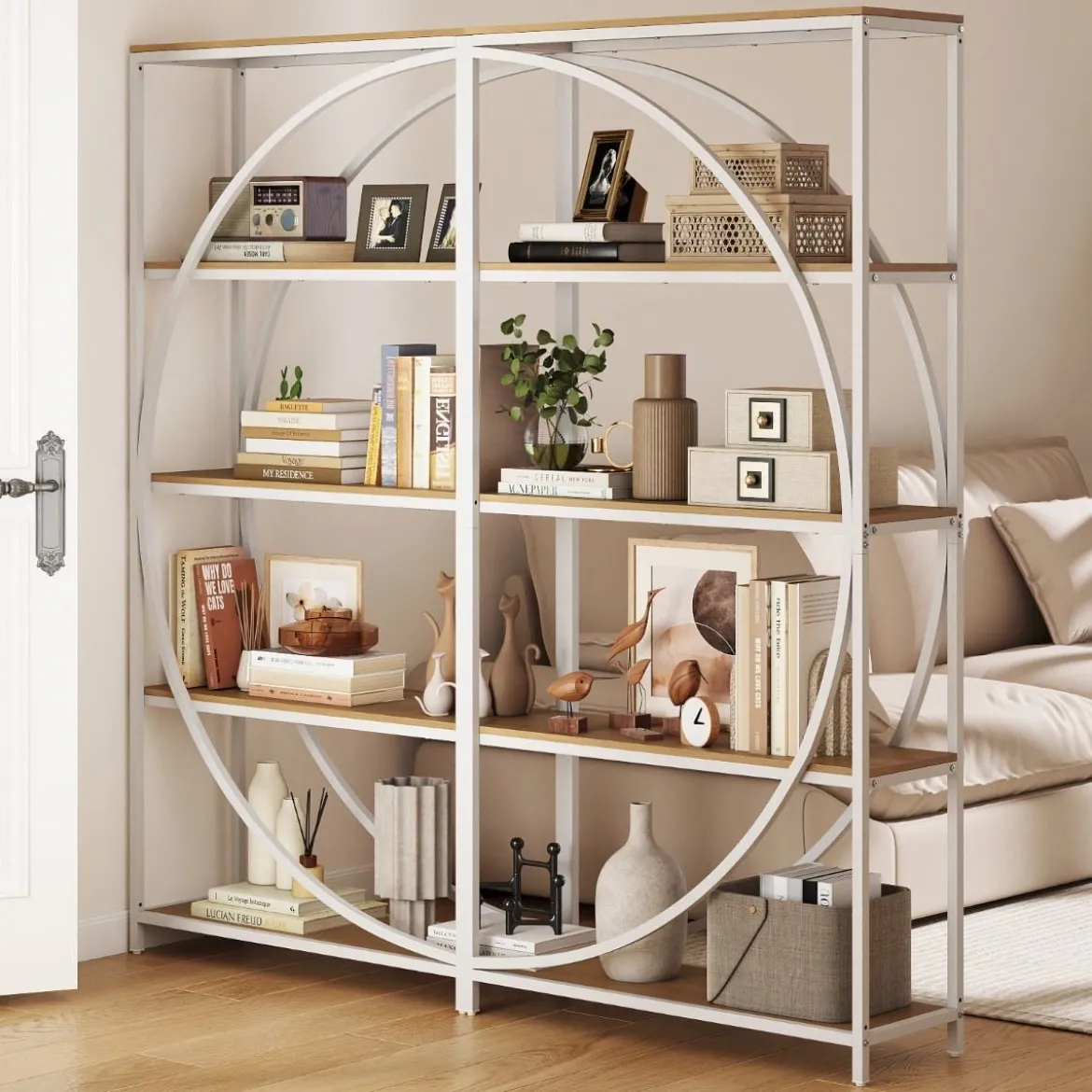 Geometrisches Bücherregal mit Offenen Holzregale & Metallrahmen Büroregal Standregal Weiß & Natur