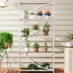 Geometrisches Bücherregal mit Offenen Holzregale & Metallrahmen Büroregal Standregal Weiß & Natur