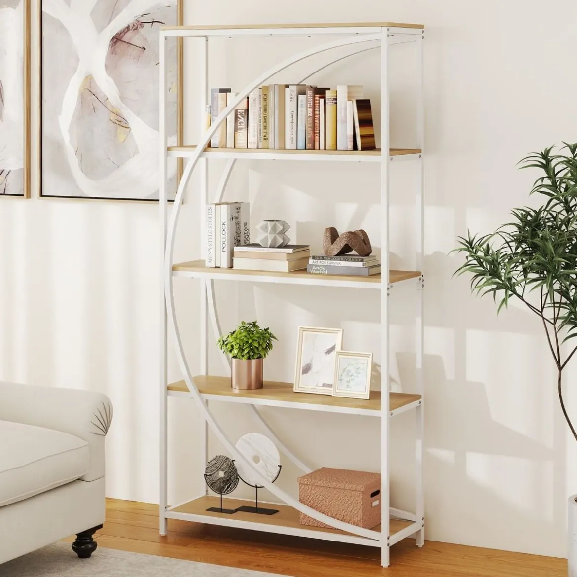 Geometrisches Bücherregal mit Offenen Holzregale & Metallrahmen Büroregal Standregal Weiß & Natur