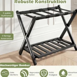 Gepäckablage Bambus Klappbarer Kofferständer mit Ablagefach Gepäckträger 68 x 43 x 57 cm Schwarz