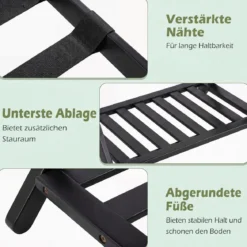 Gepäckablage Bambus Klappbarer Kofferständer mit Ablagefach Gepäckträger 68 x 43 x 57 cm Schwarz