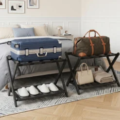 Gepäckablage Bambus Klappbarer Kofferständer mit Ablagefach Gepäckträger 68 x 43 x 57 cm Schwarz