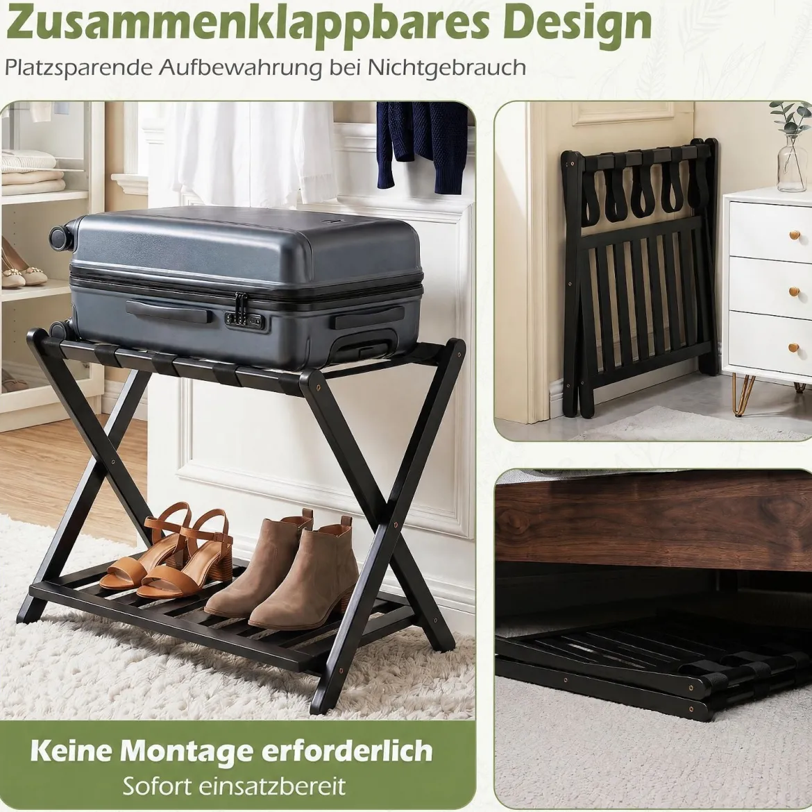 Gepäckablage Bambus Klappbarer Kofferständer mit Ablagefach Gepäckträger 68 x 43 x 57 cm Schwarz