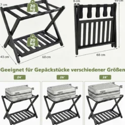 Gepäckablage Bambus Klappbarer Kofferständer mit Ablagefach Gepäckträger 68 x 43 x 57 cm Schwarz