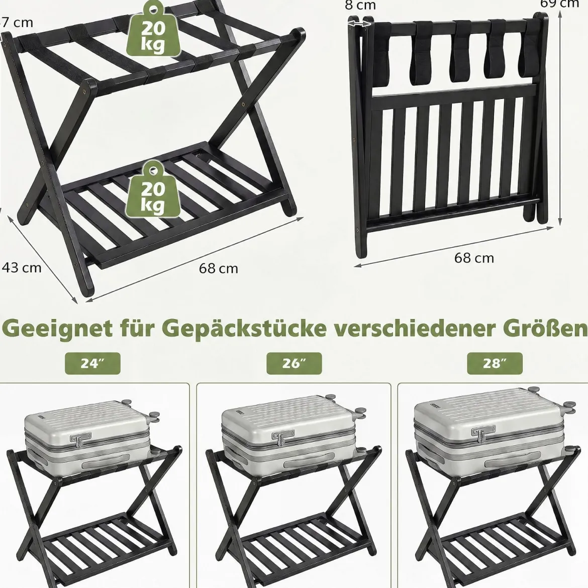 Gepäckablage Bambus Klappbarer Kofferständer mit Ablagefach Gepäckträger 68 x 43 x 57 cm Schwarz