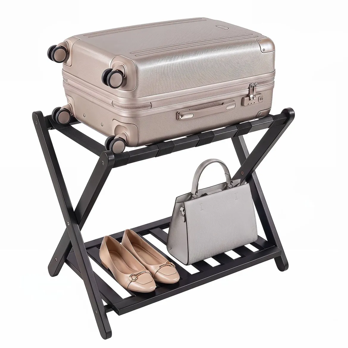 Gepäckablage Bambus Klappbarer Kofferständer mit Ablagefach Gepäckträger 68 x 43 x 57 cm Natur