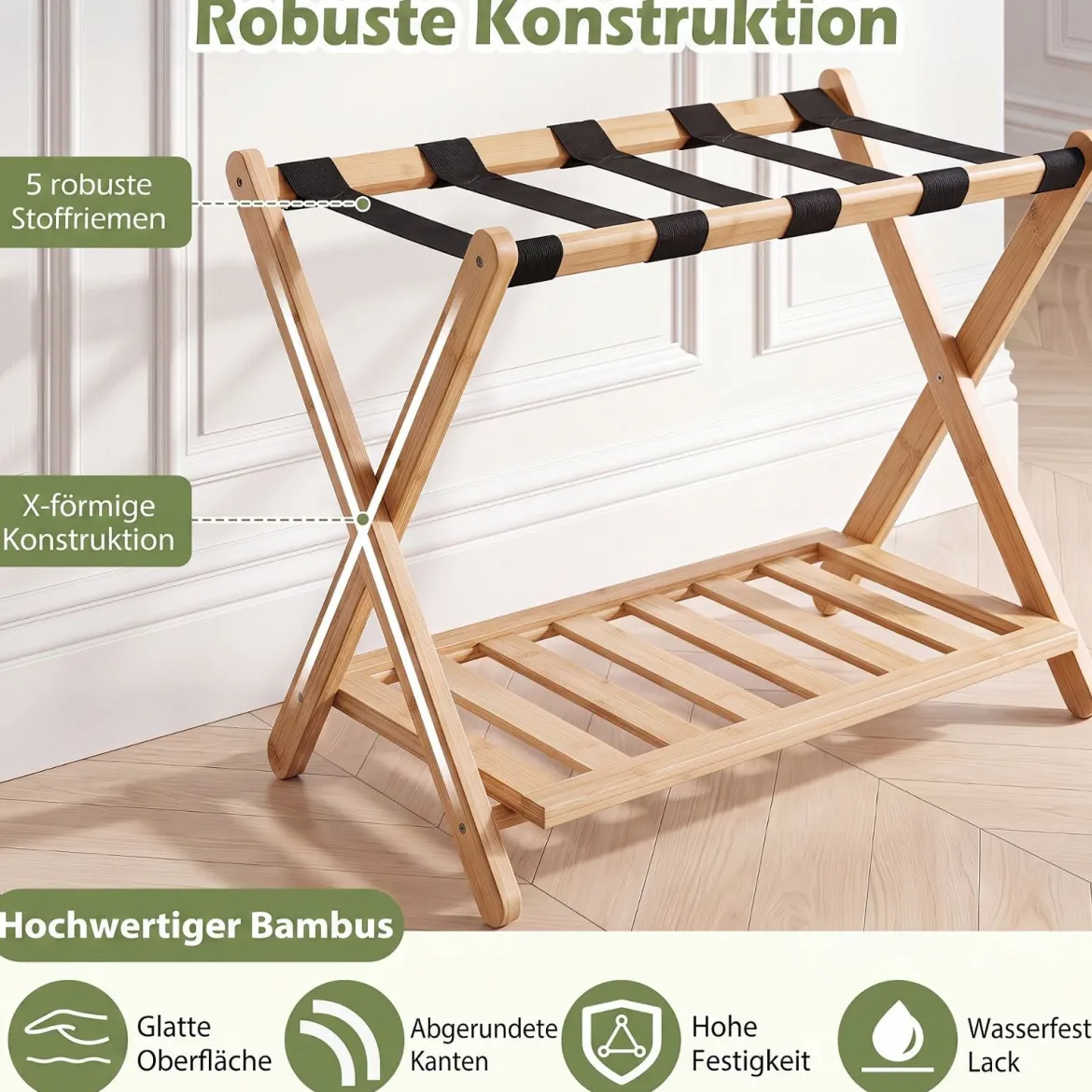 Gepäckablage Bambus Klappbarer Kofferständer mit Ablagefach Gepäckträger 68 x 43 x 57 cm Natur