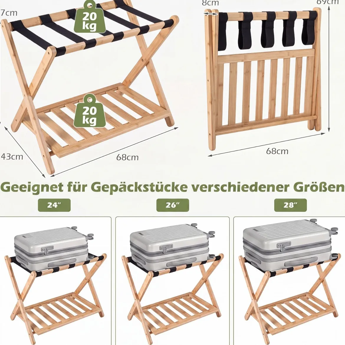 Gepäckablage Bambus Klappbarer Kofferständer mit Ablagefach Gepäckträger 68 x 43 x 57 cm Natur
