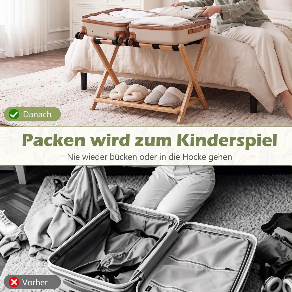 Gepäckablage Bambus Klappbarer Kofferständer mit Ablagefach Gepäckträger 68 x 43 x 57 cm Natur