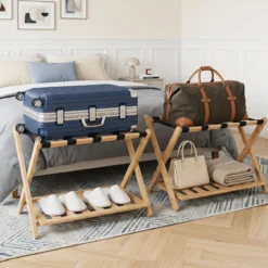 Gepäckablage Bambus Klappbarer Kofferständer mit Ablagefach Gepäckträger 68 x 43 x 57 cm Natur