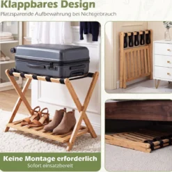 Gepäckablage Bambus Klappbarer Kofferständer mit Ablagefach Gepäckträger 68 x 43 x 57 cm Natur