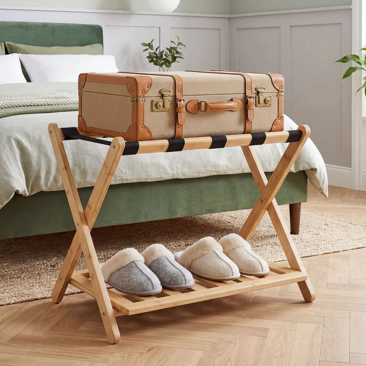 Gepäckablage Bambus Klappbarer Kofferständer mit Ablagefach Gepäckträger 68 x 43 x 57 cm Natur