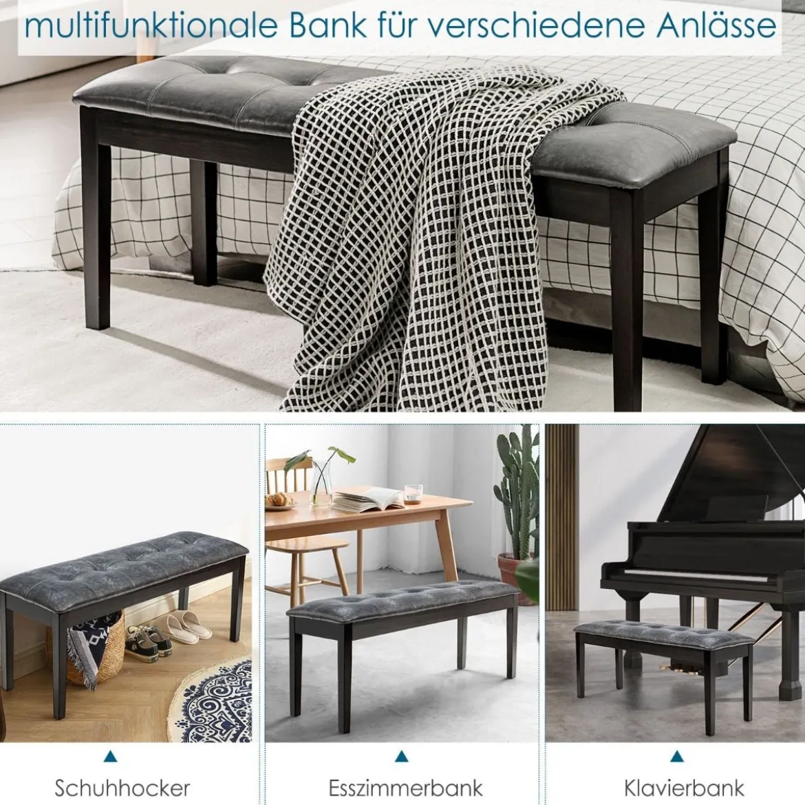 Gepolsterte Esszimmerbank aus Massivholz mit bequemer gepolsterter Sitzfläche & Holzbeinen Mehrzweckbank Grau
