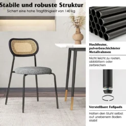 2 gepolsterte Esszimmerstühle mit Metallbeinen Rückenlehne aus Netzgeflecht & gepolstertem Leinenstoff Schwarz