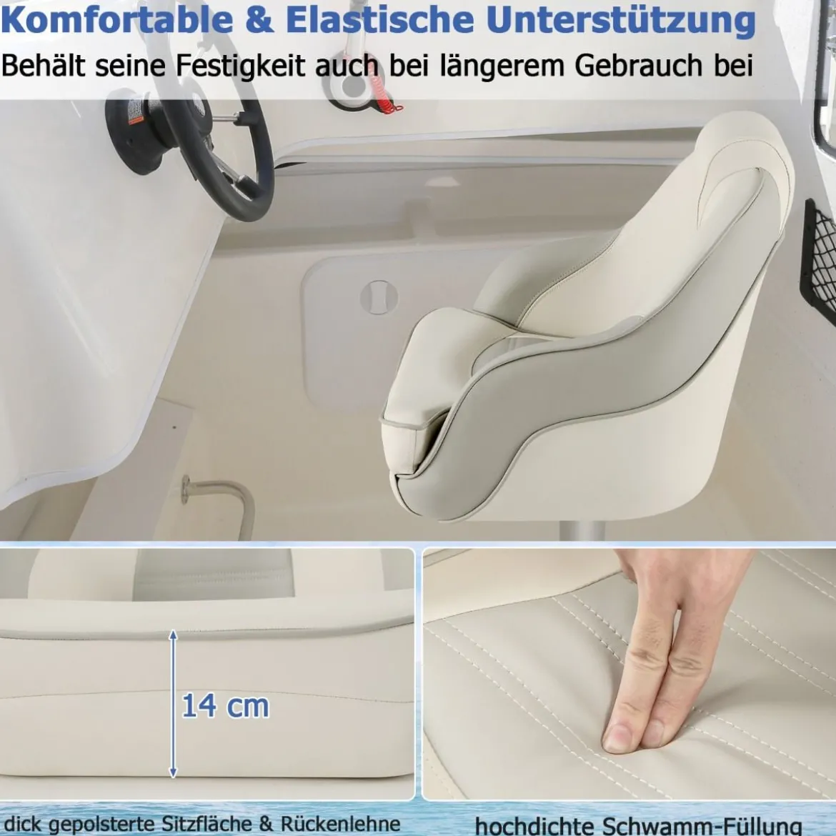 Gepolsterter Bootssitz mit Wasserdichtem PVC-Leder & Dicker Schwammpolsterung Bootsstuhl Weiß