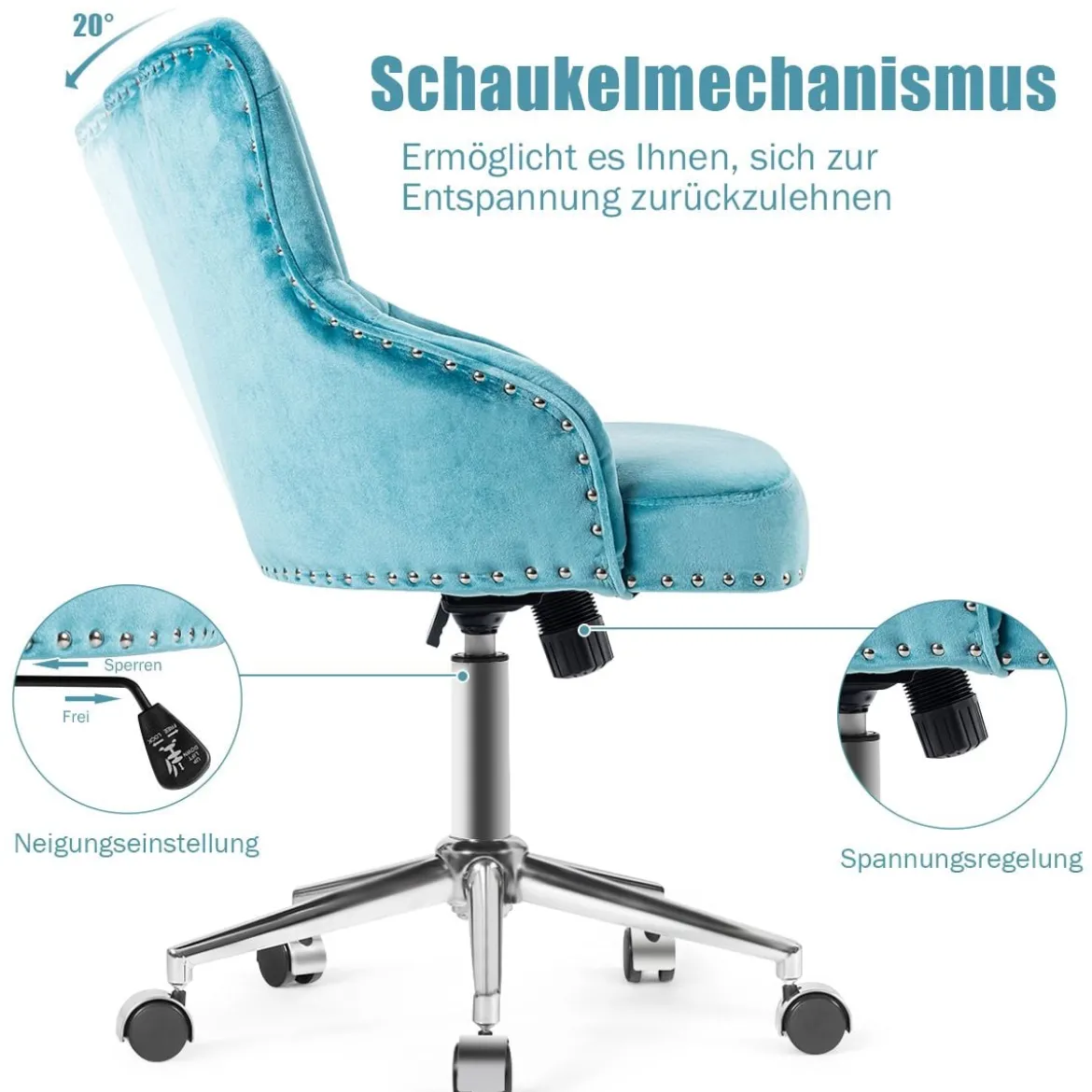 Gepolsterter Bürostuhl mit Rädern Samt Akzent Sessel Verstellbar 59,5 x 57 x 84 - 98 cm Türkis