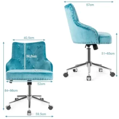 Gepolsterter Bürostuhl mit Rädern Samt Akzent Sessel Verstellbar 59,5 x 57 x 84 - 98 cm Türkis