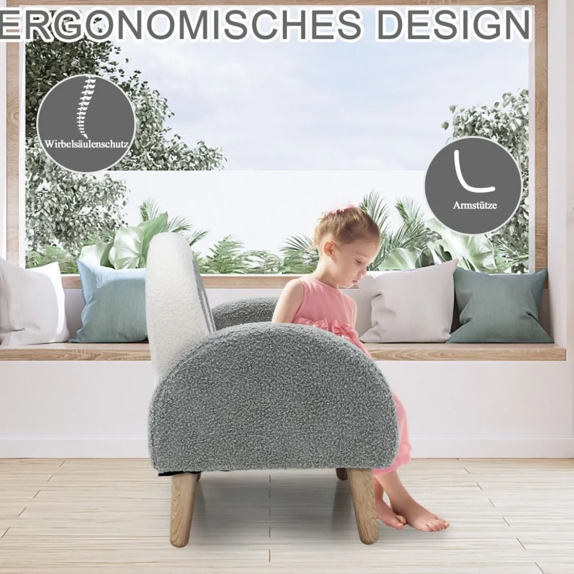 Gepolsterter Kindersofa mit Massivholzbeinen Kindersessel Grau