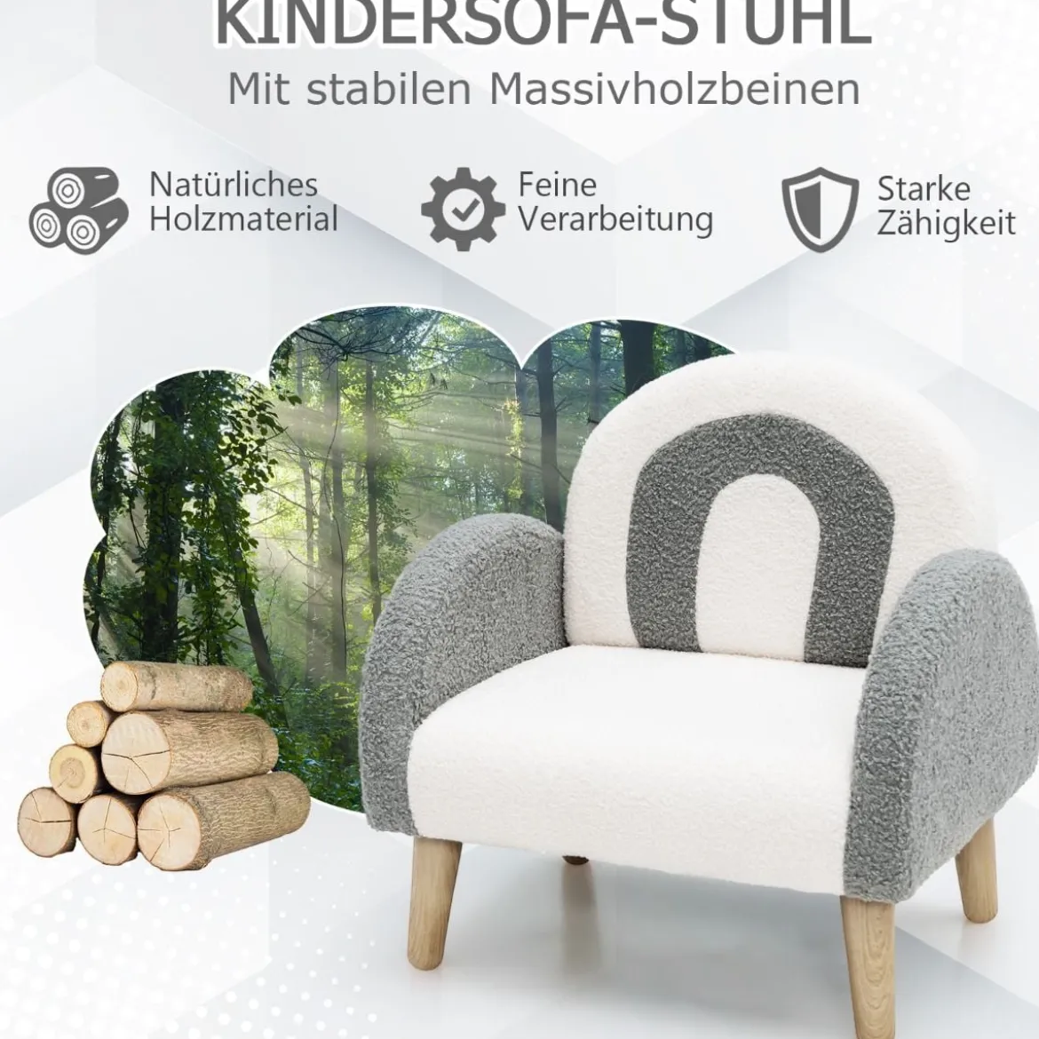 Gepolsterter Kindersofa mit Massivholzbeinen Kindersessel Grau