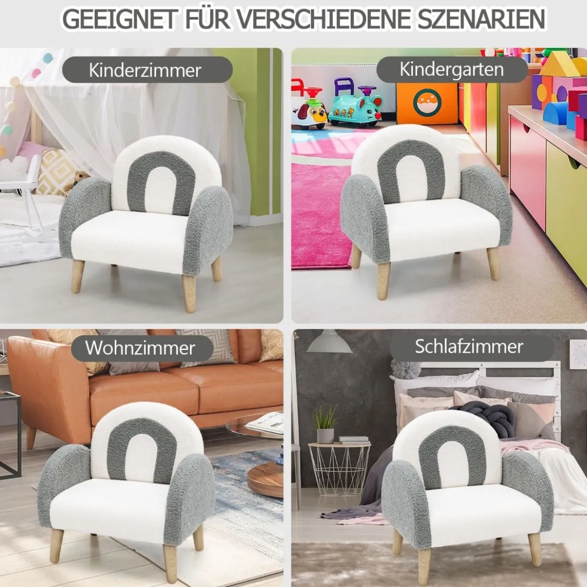 Gepolsterter Kindersofa mit Massivholzbeinen Kindersessel Grau