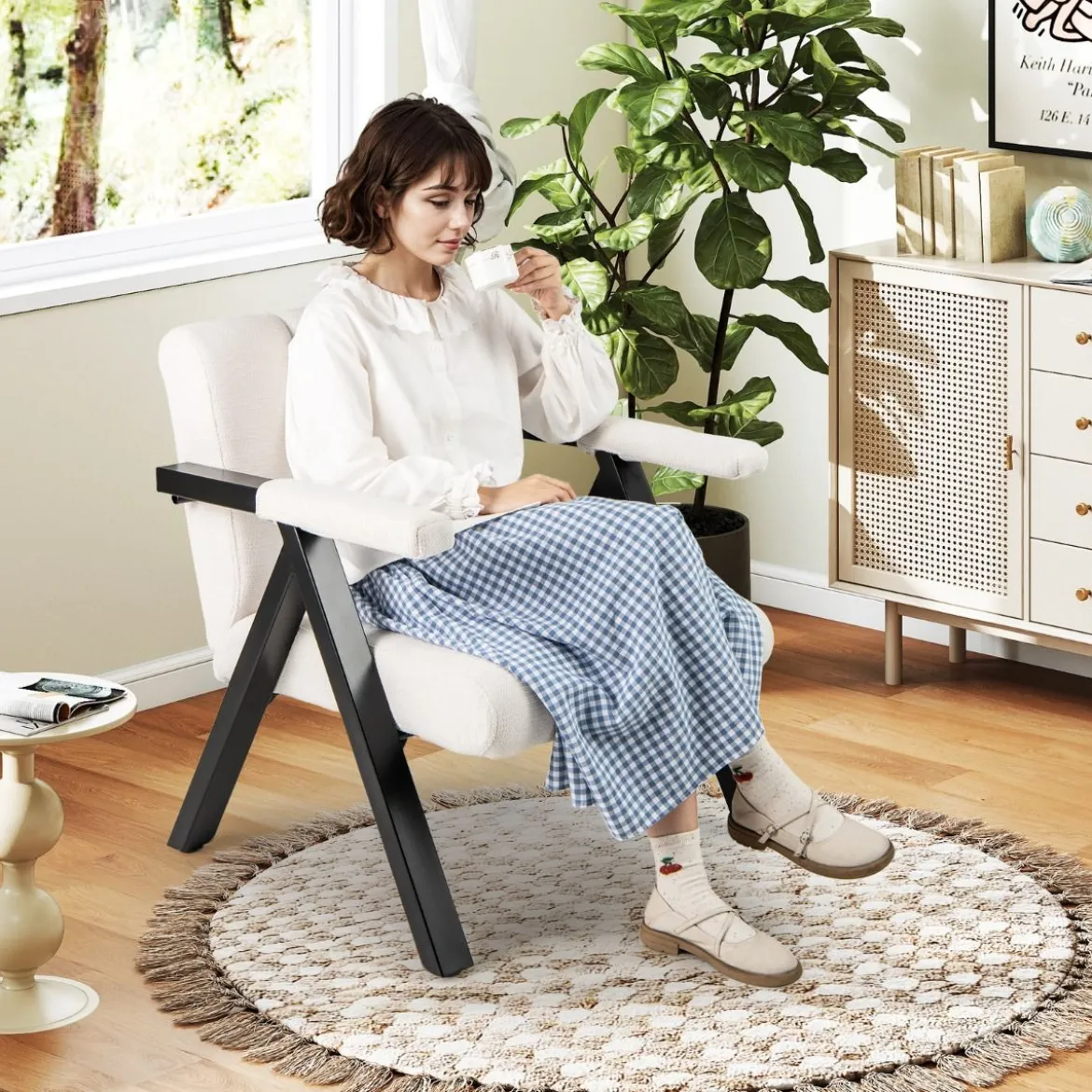Gepolsterter Loungesessel mit Armlehnen& Metallrahmen Sessel Modern Sofastuhl Relaxsessel Beige