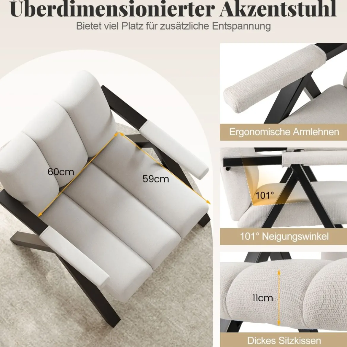 Gepolsterter Loungesessel mit Armlehnen& Metallrahmen Sessel Modern Sofastuhl Relaxsessel Beige