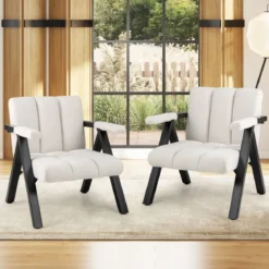 Gepolsterter Loungesessel mit Armlehnen& Metallrahmen Sessel Modern Sofastuhl Relaxsessel Beige