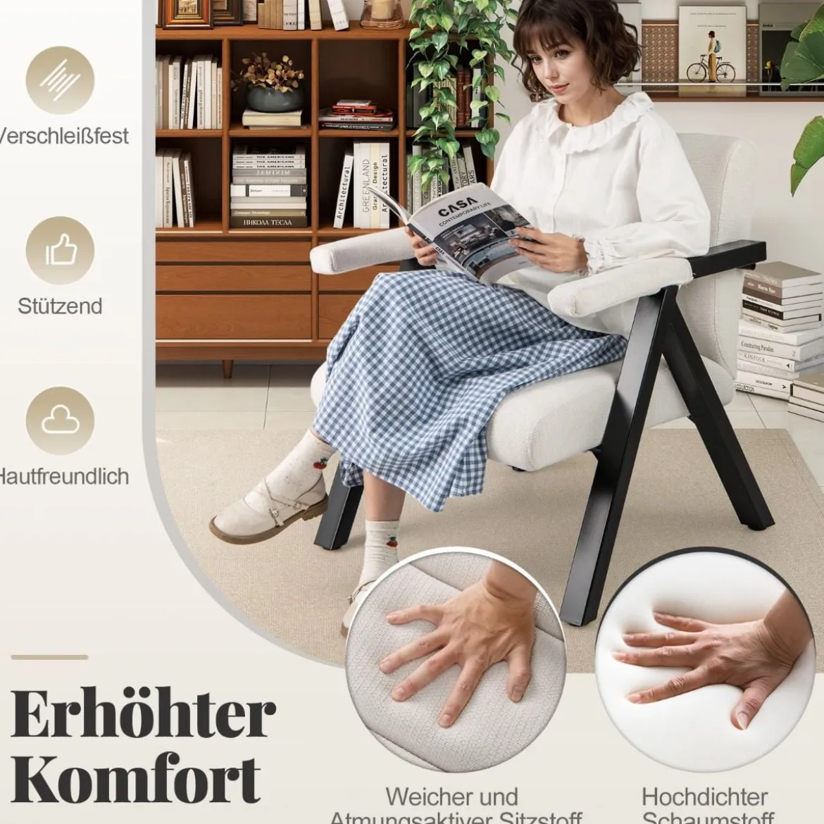 Gepolsterter Loungesessel mit Armlehnen& Metallrahmen Sessel Modern Sofastuhl Relaxsessel Beige