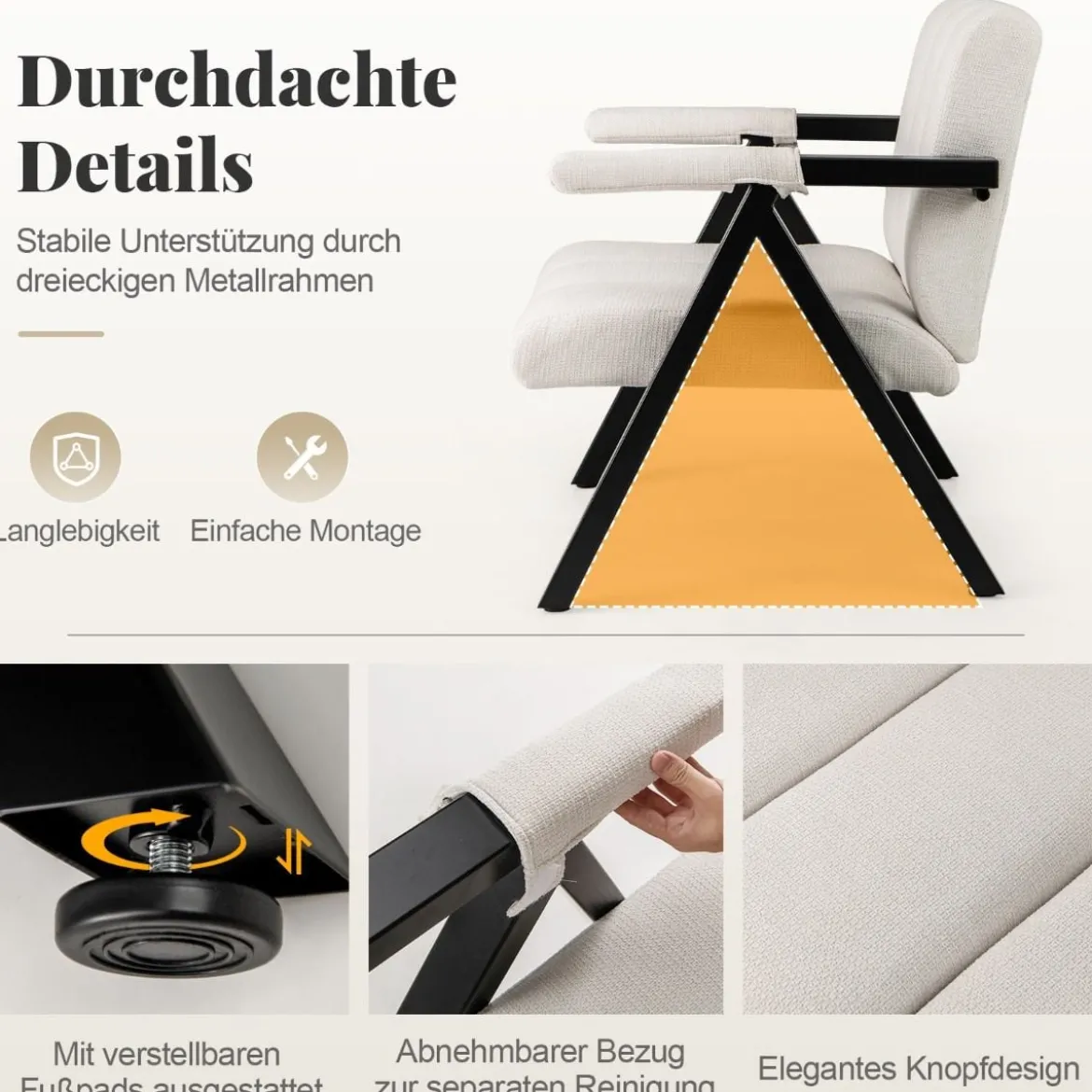 Gepolsterter Loungesessel mit Armlehnen& Metallrahmen Sessel Modern Sofastuhl Relaxsessel Beige