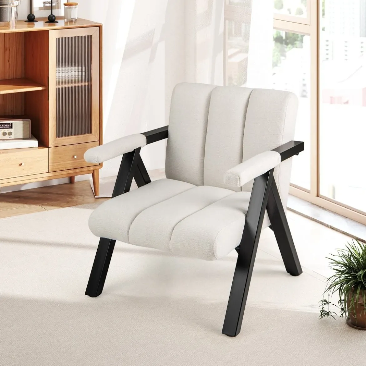 Gepolsterter Loungesessel mit Armlehnen& Metallrahmen Sessel Modern Sofastuhl Relaxsessel Beige