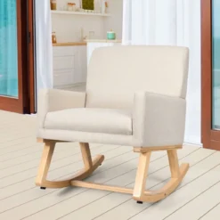 Gepolsterter Schaukelsessel aus Massivholz Schaukelstuhl Schwingsessel Relaxstuhl Beige