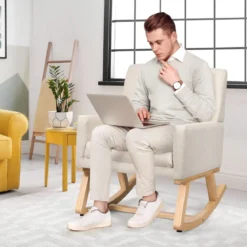 Gepolsterter Schaukelsessel aus Massivholz Schaukelstuhl Schwingsessel Relaxstuhl Beige