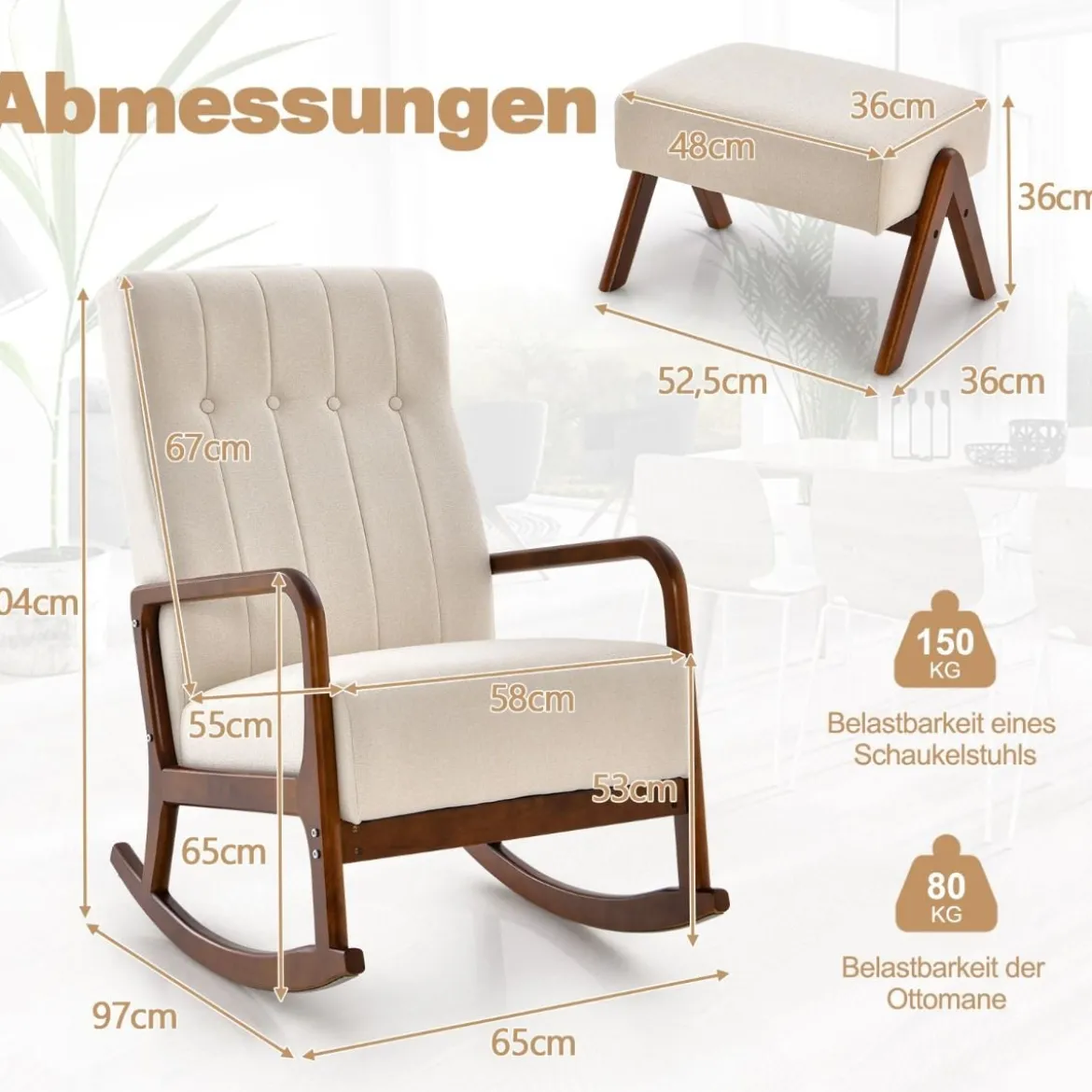 Gepolsterter Schaukelstuhl mit Hocker & Kissen Schaukelsessel mit Holzrahmen Beige