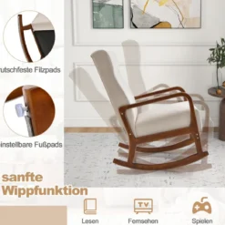 Gepolsterter Schaukelstuhl mit Hocker & Kissen Schaukelsessel mit Holzrahmen Beige