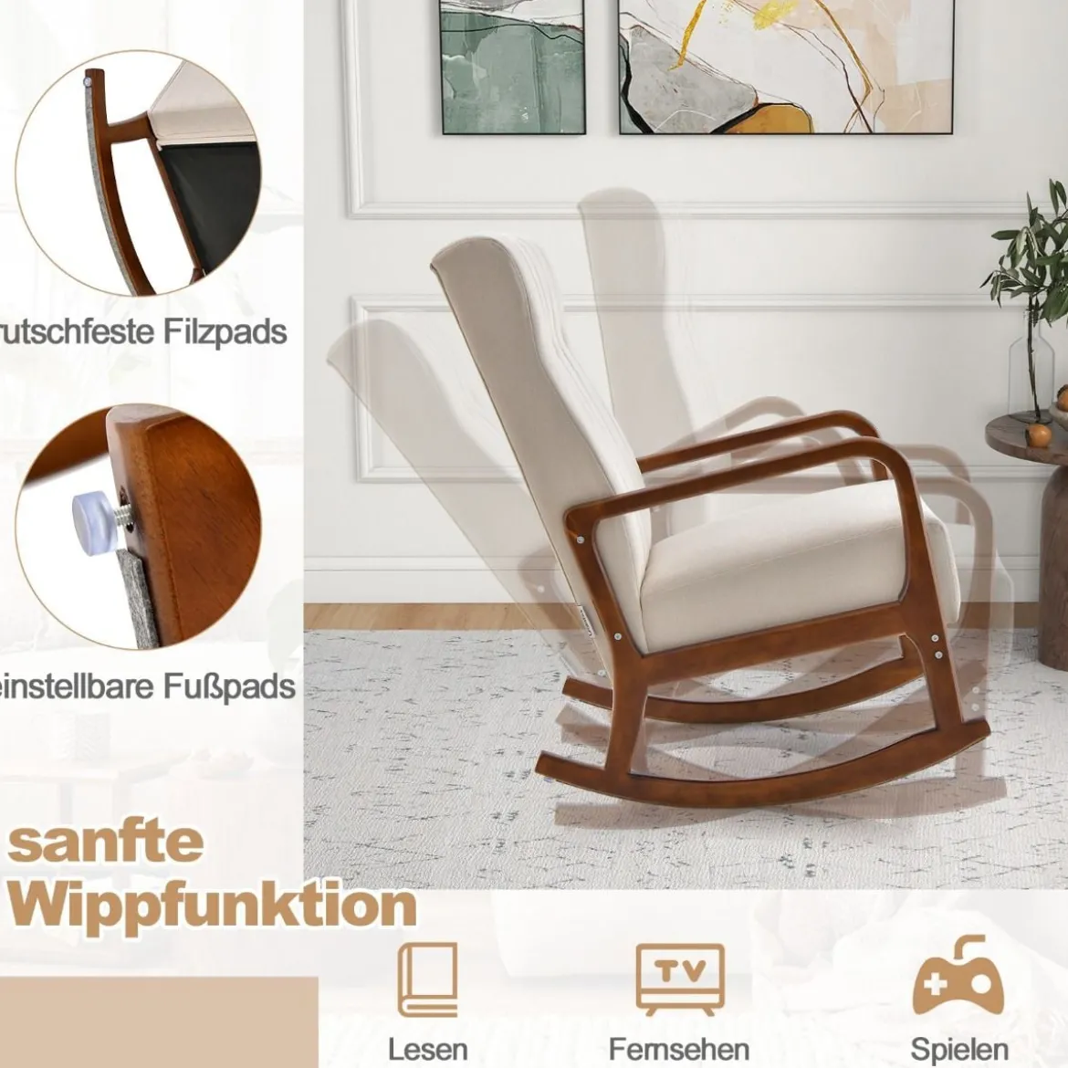Gepolsterter Schaukelstuhl mit Hocker & Kissen Schaukelsessel mit Holzrahmen Beige