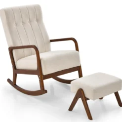 Gepolsterter Schaukelstuhl mit Hocker & Kissen Schaukelsessel mit Holzrahmen Beige