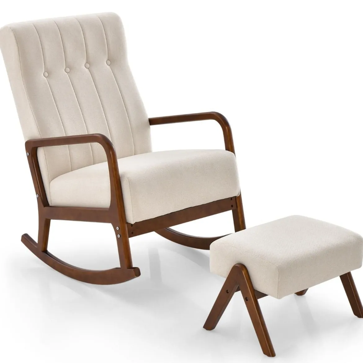 Gepolsterter Schaukelstuhl mit Hocker & Kissen Schaukelsessel mit Holzrahmen Beige