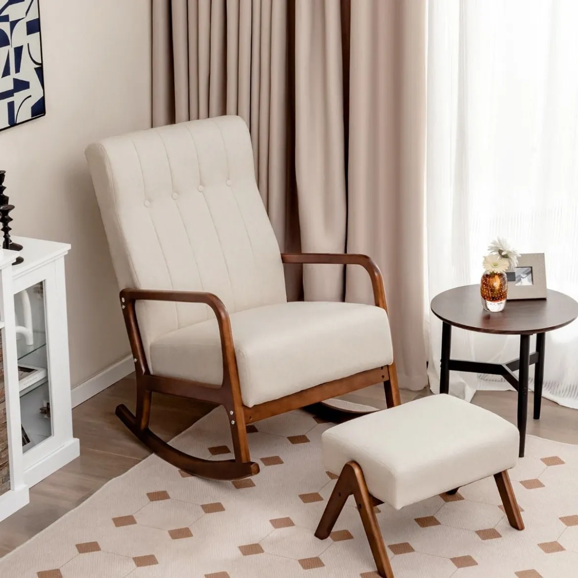 Gepolsterter Schaukelstuhl mit Hocker & Kissen Schaukelsessel mit Holzrahmen Beige