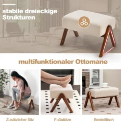 Gepolsterter Schaukelstuhl mit Hocker & Kissen Schaukelsessel mit Holzrahmen Beige