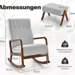 Gepolsterter Schaukelstuhl mit Hocker & Kissen Schaukelsessel mit Holzrahmen Grau