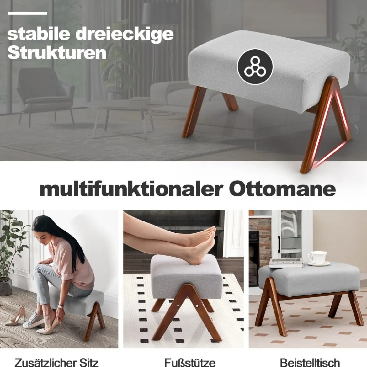 Gepolsterter Schaukelstuhl mit Hocker & Kissen Schaukelsessel mit Holzrahmen Grau