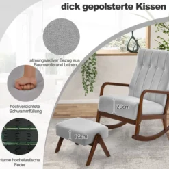Gepolsterter Schaukelstuhl mit Hocker & Kissen Schaukelsessel mit Holzrahmen Grau