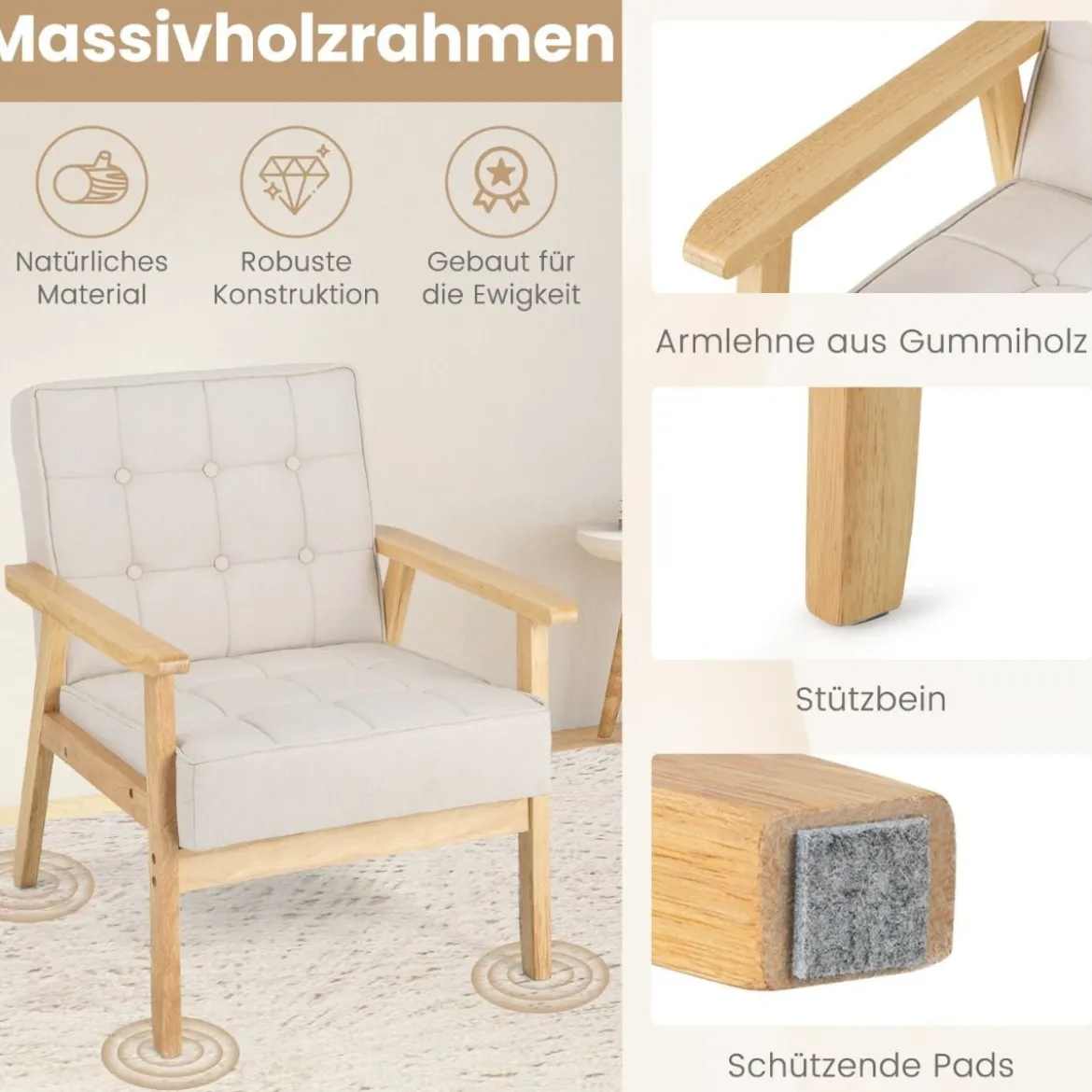 Gepolsterter Sessel mit Armlehnen & Atmungsaktivem Polyestergewebe Akzentstuhl Beige