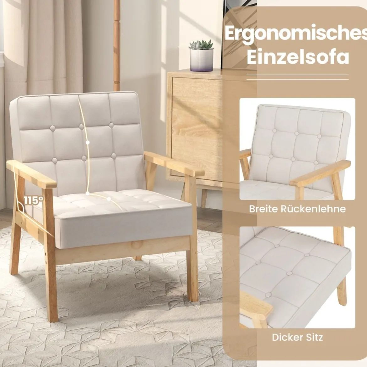 Gepolsterter Sessel mit Armlehnen & Atmungsaktivem Polyestergewebe Akzentstuhl Beige