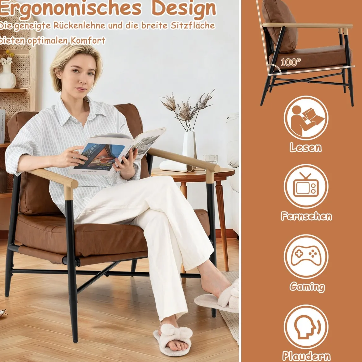Gepolsterter Sessel mit Armlehnen Loungesessel mit Abnehmbarem Rückenkissen Relaxsessel Braun