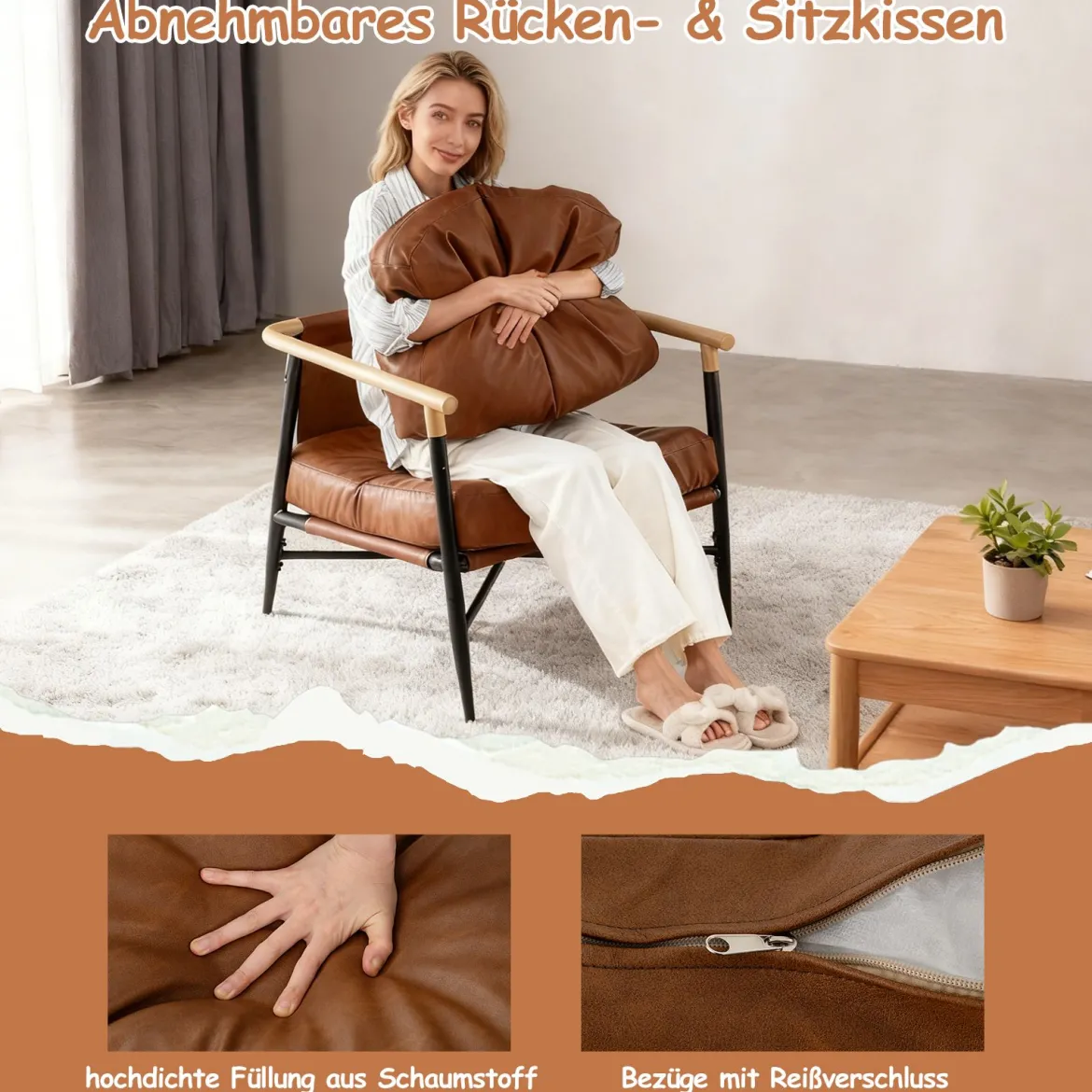 Gepolsterter Sessel mit Armlehnen Loungesessel mit Abnehmbarem Rückenkissen Relaxsessel Braun