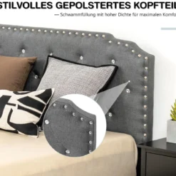 Gepolstertes Bettgestell modernes Bett mit gestepptem Kopfteil Massivholzlatten stützen die Matratzenbasis Grau