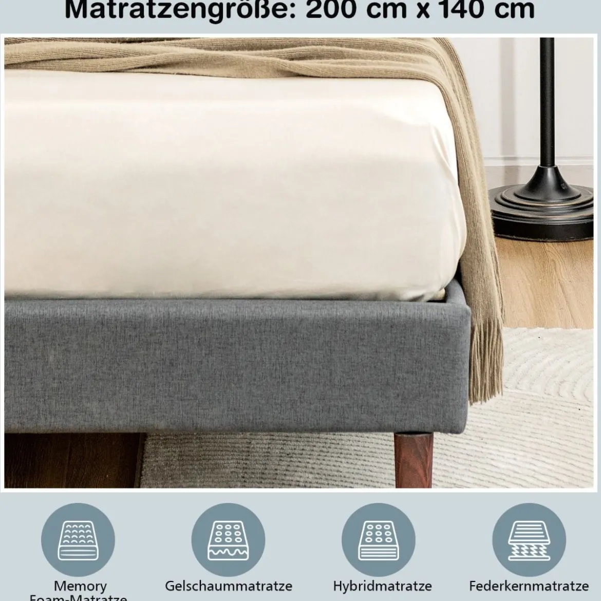 Gepolstertes Bettgestell modernes Bett mit gestepptem Kopfteil Massivholzlatten stützen die Matratzenbasis Grau