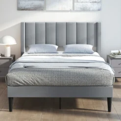 Gepolstertes Doppelbettgestell für 200 x 140 cm Matratze Plattformbett mit Kopfteil Bettgestell Grau