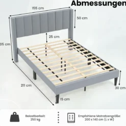 Gepolstertes Doppelbettgestell für 200 x 140 cm Matratze Plattformbett mit Kopfteil Bettgestell Grau